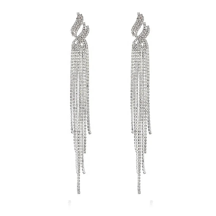Long Dangle Chain Tassel Earrings with Statement Rhinestone Fashion Chandelier Style