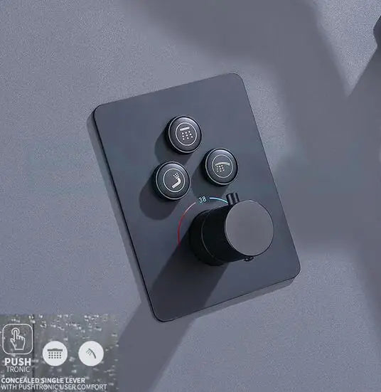 Solid Brass Brushed Black Modern 3 Outlets Washroom Thermostatic Dual Handle Rain Spray Push Button Shower Diverter Valve Shower