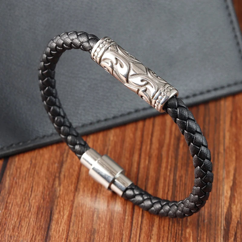YUNSE Vintage Fashion Men 316l Stainless Steel Hexagram Star Magnetic Clasp and Genuine Leather Bracelets Jewelry for Men