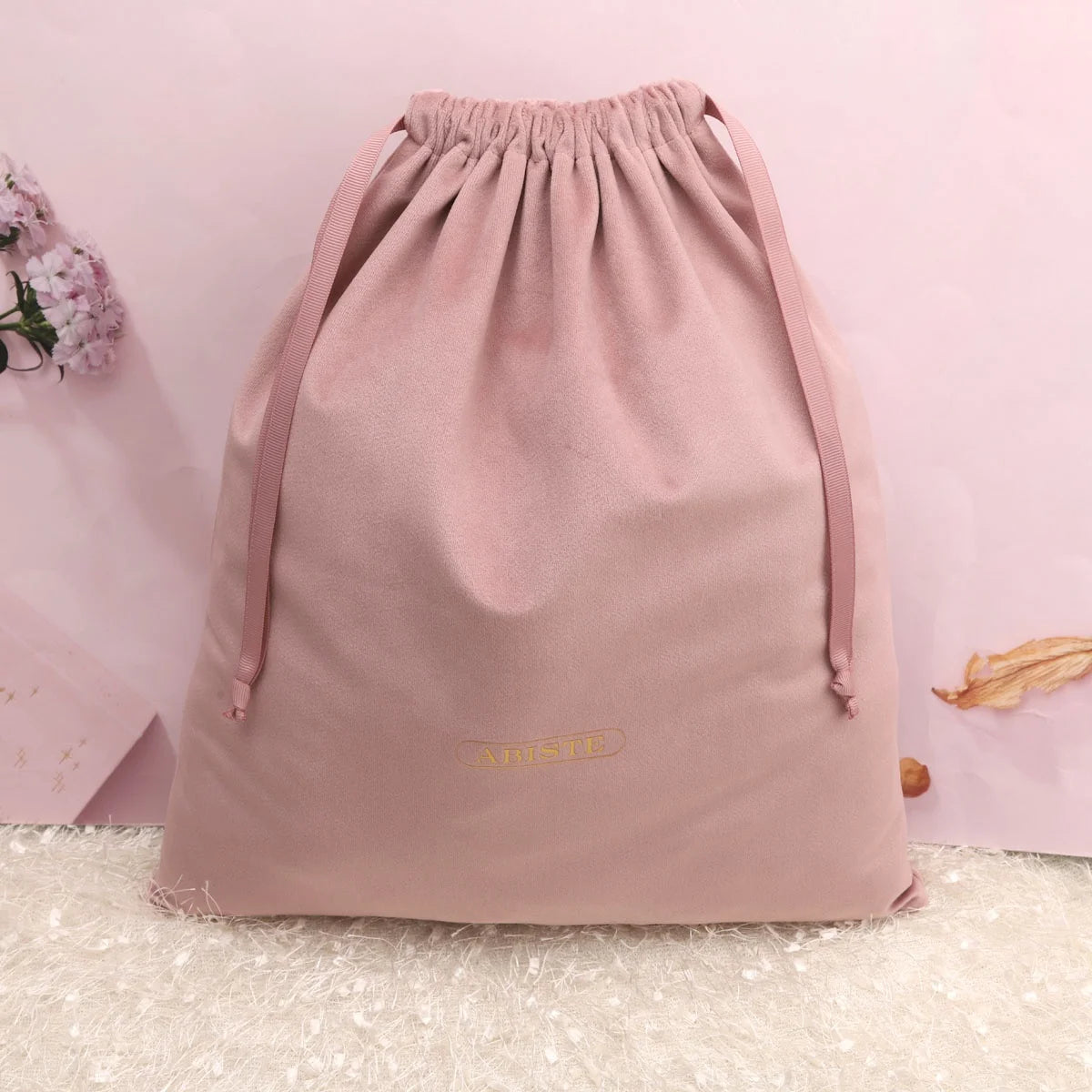 Custom Embroidery Soft Velvet Dust Bag for Packaging Shoe Handbag Drawstring Rose Gold Cosmetic Gift Velvet Pouch