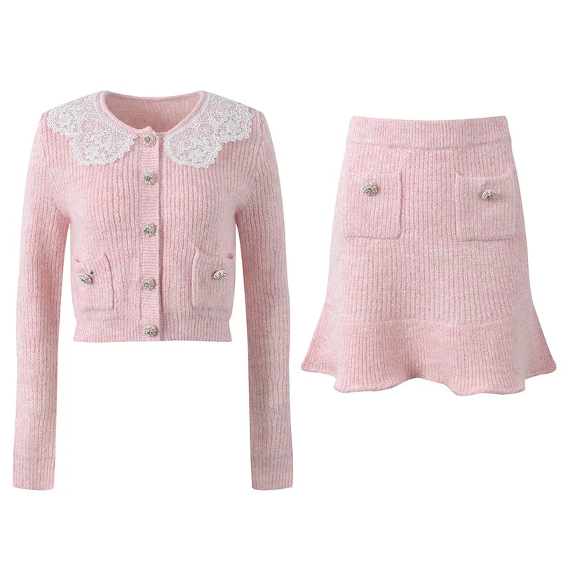 2025 New Arrivals Autumn Wool Fabric Lace Round Collar Knitted Cardigan Sweater With Mini Skirt Suit Two Piece Set