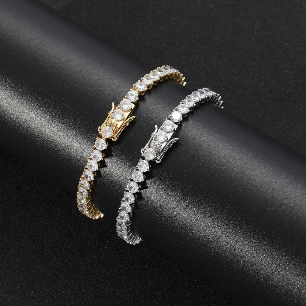 Hip-Hop Rapper Silver Color Tennis Bracelet with Round 3mm Cubic Zirconia 3 Prong Setting Gold Plated Unisex AIJIER for Parties