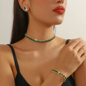 QS New Arrival Women's Green Geometric Round Crystal Fashion Stud Earrings Necklaces Bracelet Set for Wedding Accessories