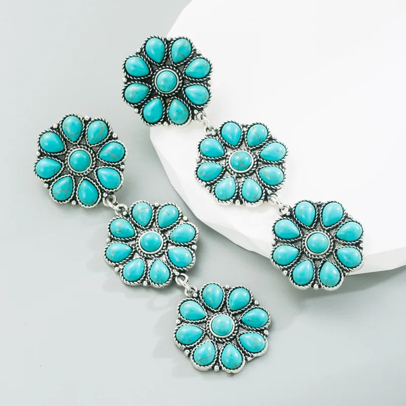 2024 Fashion Jewelry European Multi-layer Alloy Turquoise Party Earrings Sun Flower Antique Silver Turquoise Earrings Women