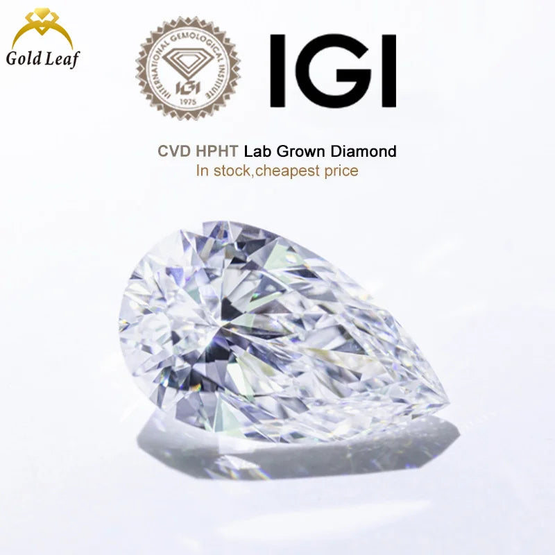 Goldleaf IGI Certified Lab Grown Diamond Pear Cut VVS VS DEF Color HPHT Loose Diamond for Jewelry