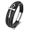 Multi Layer Punk Men's Handmade Leather Strap Bracelet Fashion Stainless Steel African Ankh Cross Real Leather Bracelet OT-324