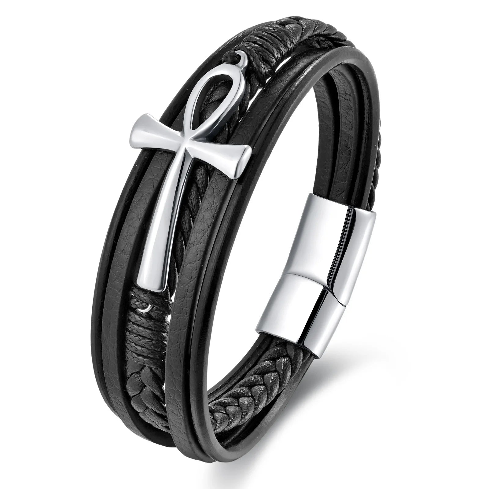 Multi Layer Punk Men's Handmade Leather Strap Bracelet Fashion Stainless Steel African Ankh Cross Real Leather Bracelet OT-324