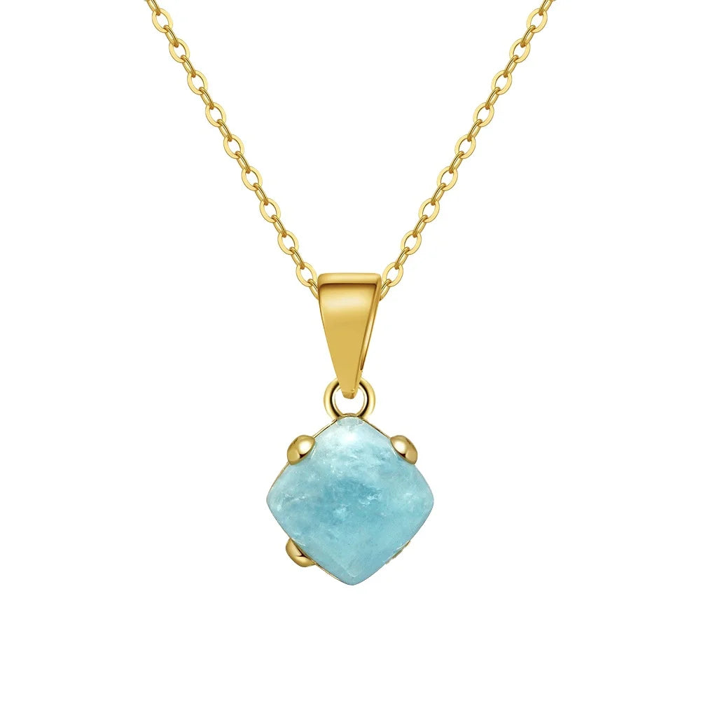 RINNTIN SGMN33 Luxury Natural Aquamarine Pendant Necklace for Women 925 Sterling Silver Square Cut Necklace Gemstone Jewellery