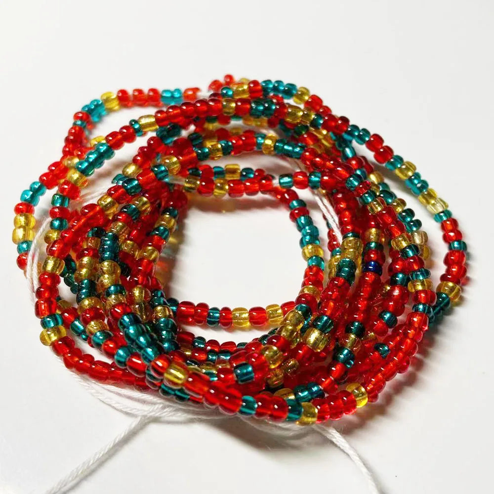 Fashion African Mix Glass Seed Beads Tie on Waist Beads Belly Body Chain with Clasp Double Cotton String for Ladies
