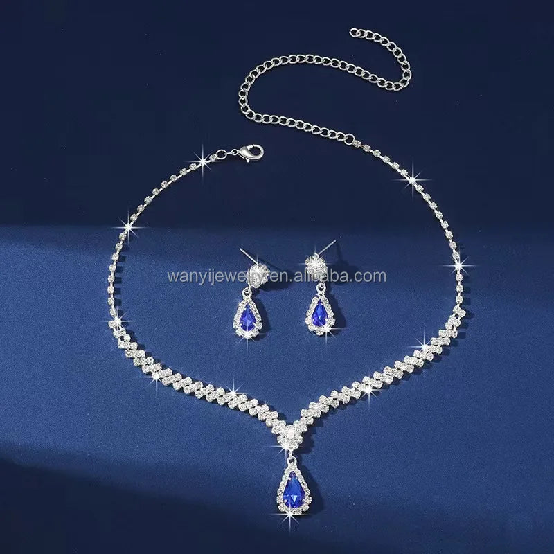 Diamond-encrusted Metal Claw Chain Water Droplets Necklace Earring Jewelry Set Bridal Accessories
