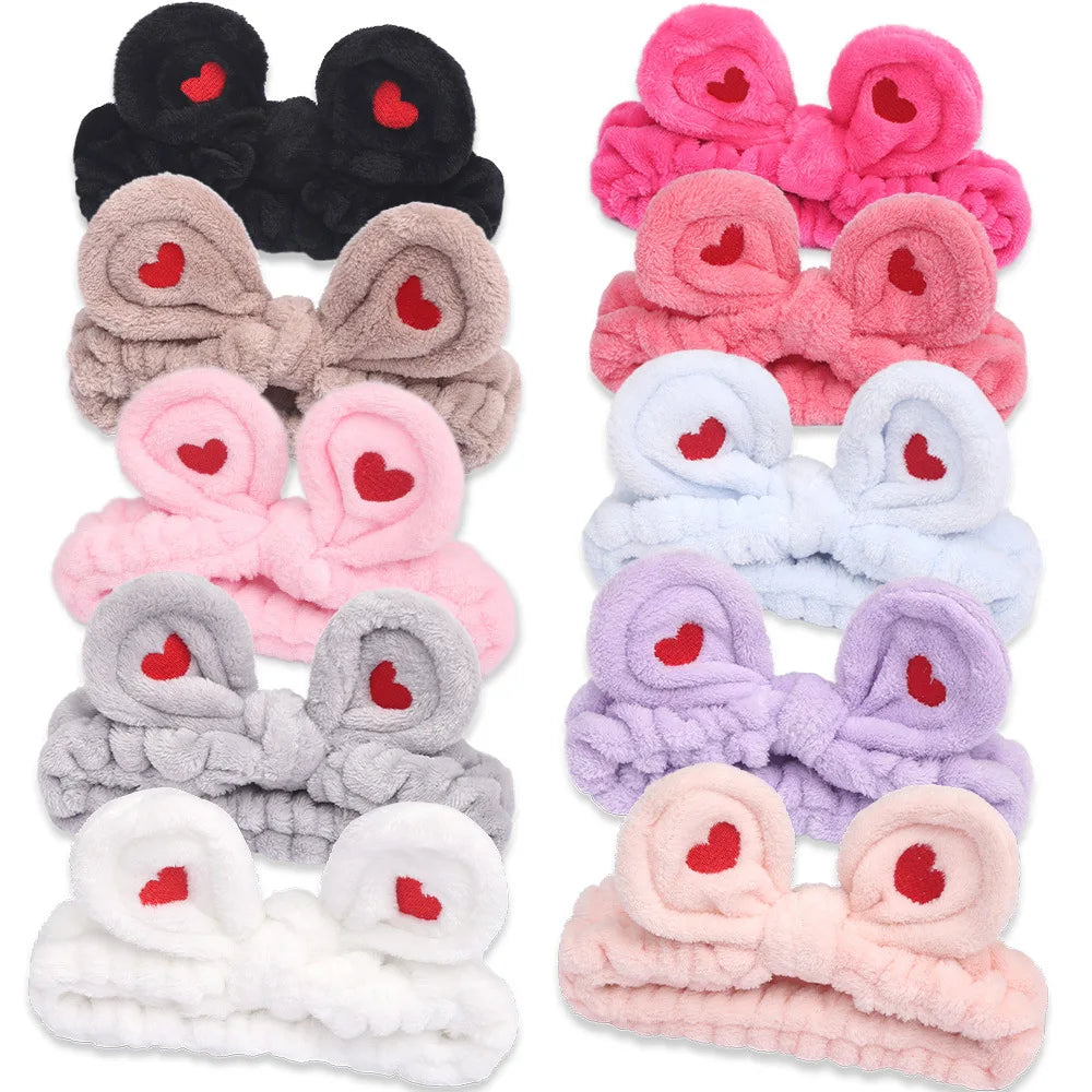 Custom Embroidered Coral Fleece Spa Headband Beauty Skincare Makeup Bowknot Wrap with Heart Design Machine Washable