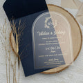 Cheap Price Arch Shape Frosted Transparent Acrylic Wedding Invitation Card With Matched Emboss Envelope