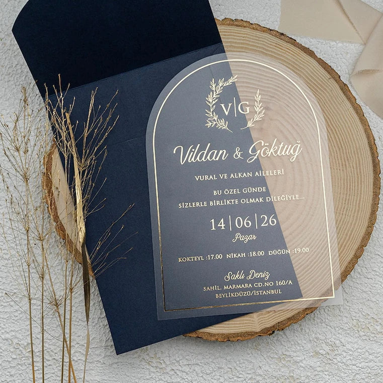 Cheap Price Arch Shape Frosted Transparent Acrylic Wedding Invitation Card With Matched Emboss Envelope