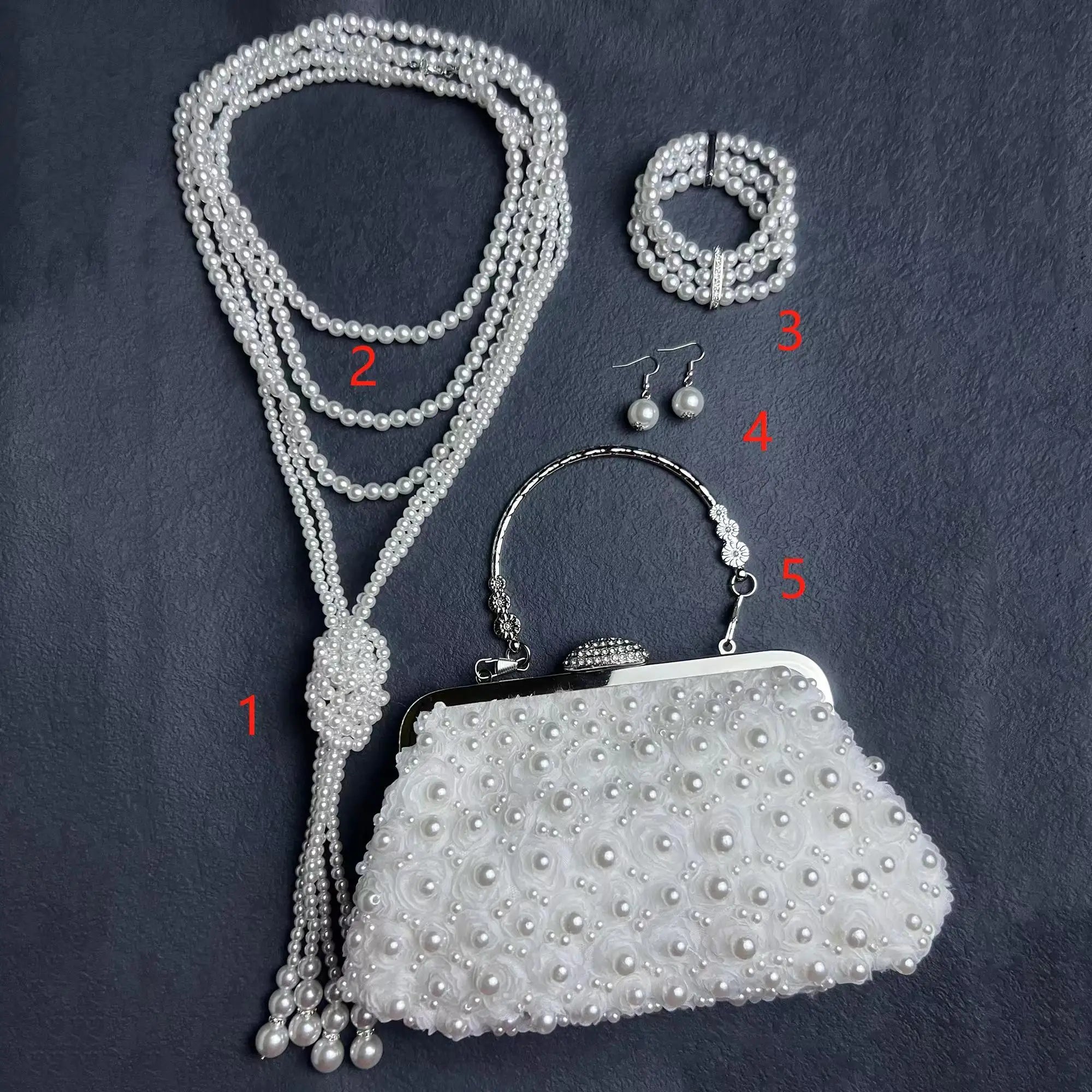 Multi-layer Long Pearl Necklace Earrings Bracelet Set Clutch Handbag Portable Diagonal Bag Wedding Gift Party