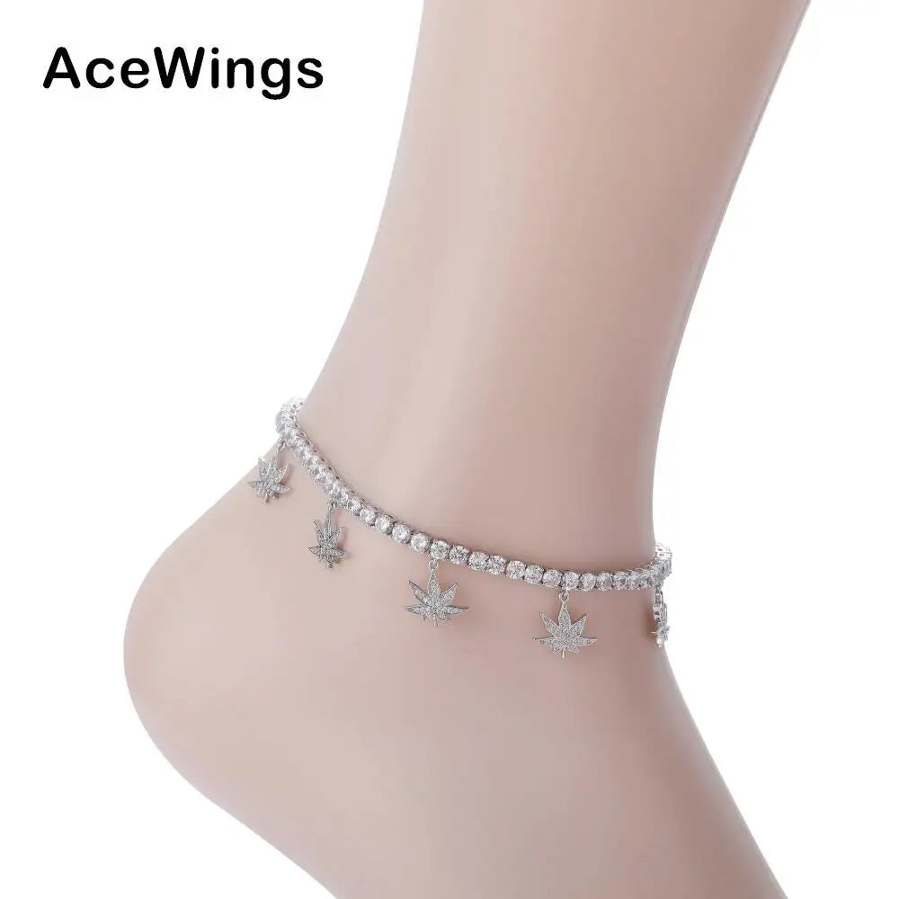 A007 4mm Brass CZ Tennis Anklet with 5 Leaf Charms with Extender Chain Iced Out Cubic Zircon Bling Bling for Women