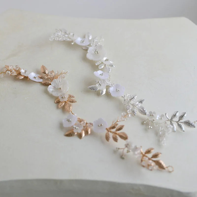 SLBRIDAL Ins Style Shell Flower Alloy Leaf Rhinestone Pearl Bridal Headband Wedding Tiara Vine Hair Accessories Women Jewelry