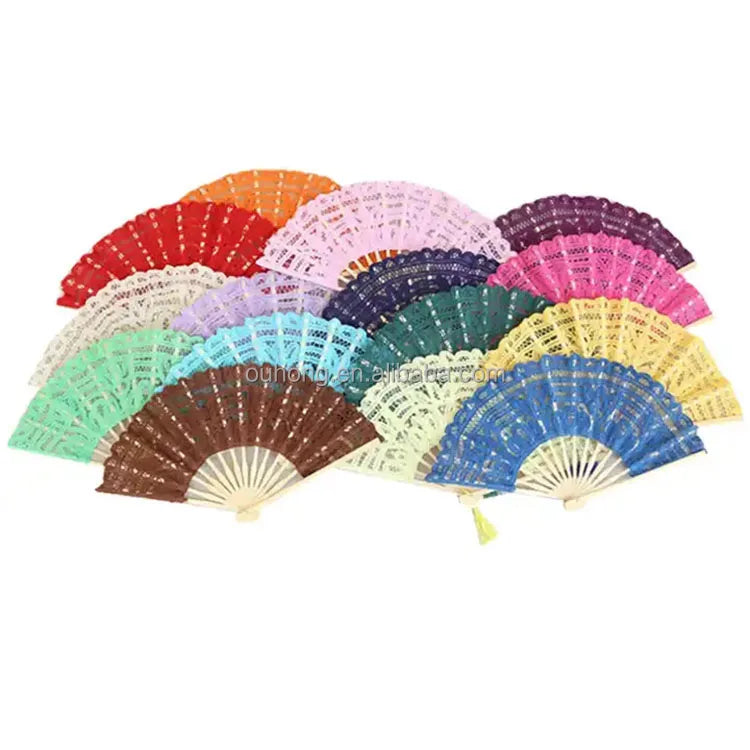 2025 Hot Sale Bamboo Elegant Classy Lace Fabric Fan Spanish Folding Hand Fans for Wedding