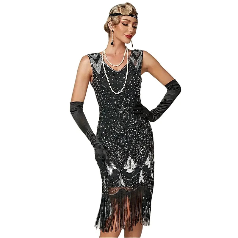 Great Gatsby Dress 1920s Flapper Dress Women Vintage Evening Party Gown V-neck Sleeveless Embellished Sequin Tassel Long Dress