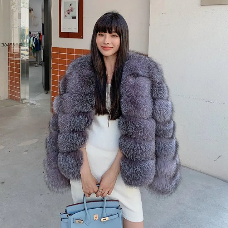 Korea Fashion Style Handmade Classic Real Silver Frost Fox Fur Coat Women Luxury Fluffy Fur Bomber Jacket Winter