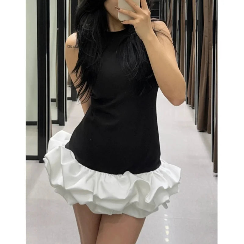 Chic Y2K Sleeveless Backless Solid Mini Bodycon Dress Women Elegant Ruffled Hem Eco-Friendly Short Sundress Holiday Lady Evening
