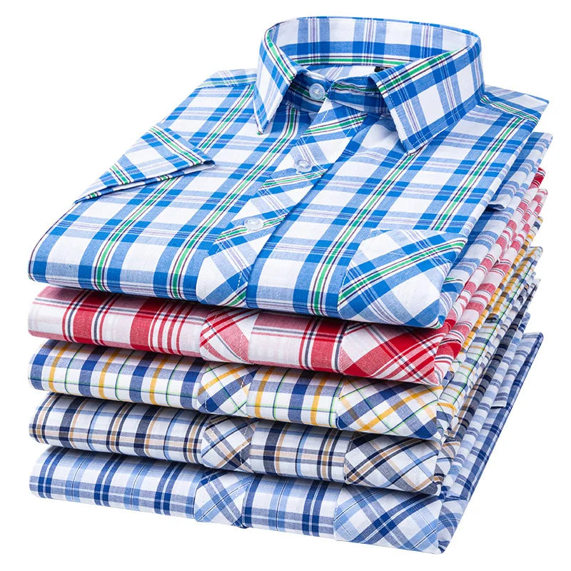 Men'S Summer Thin Short-Sleeved Shirt Middle-Aged Business Casual Plaid Half-Sleeved Shirt Pure Cotton High-Grade Men'S Shirt