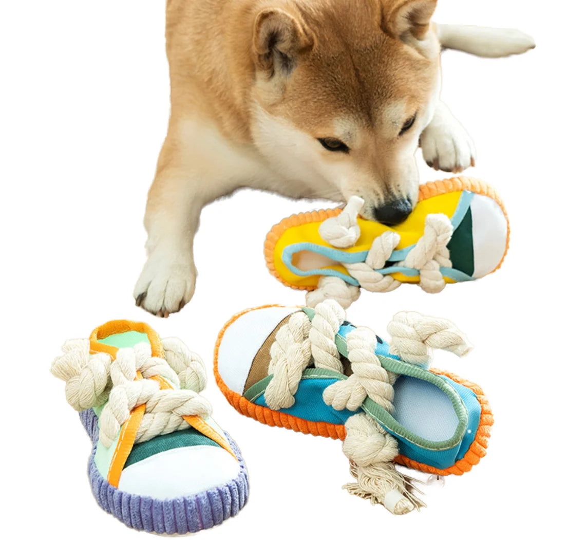 Unique Canvas Shoes Shape Pet Chew Toy Durable Bite Stuffed Dog Squeaky Toy Resistance to Bite Pet Cotton Rope Toy