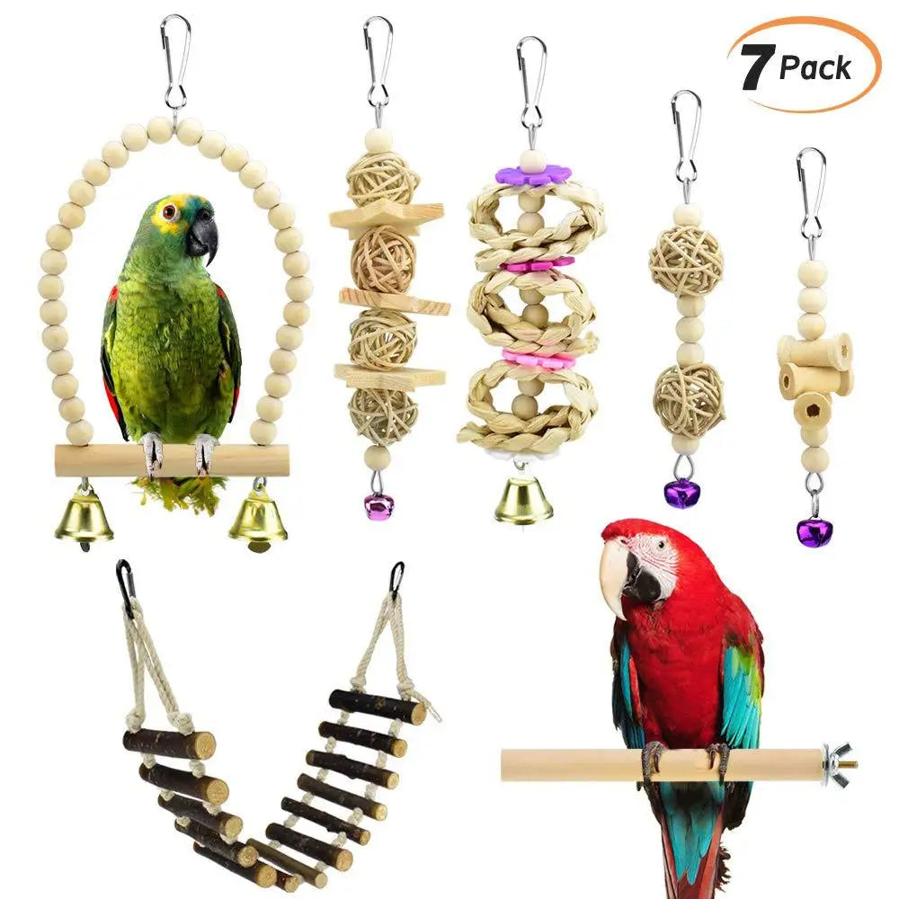 7-Piece Durable Wooden Ladder Swing Gnawing Toy Combo for Small Animals Birds Molar Application with Rope and Cotton Bag Packed