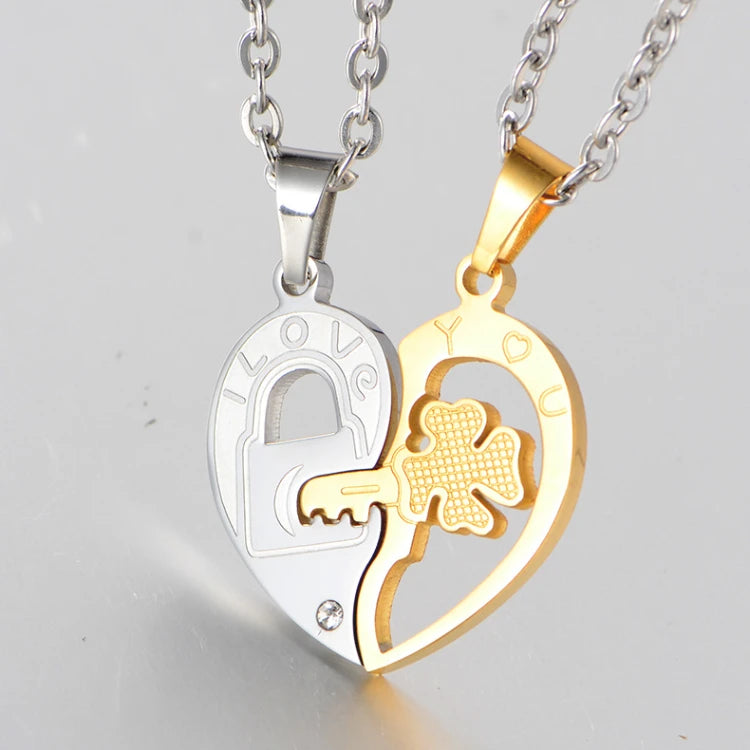 G900 Stainless Steel Jewelry 4 Leaf Clover Heart Pendant Necklaces of Two Halves Puzzle Key I Love You Couples Necklace