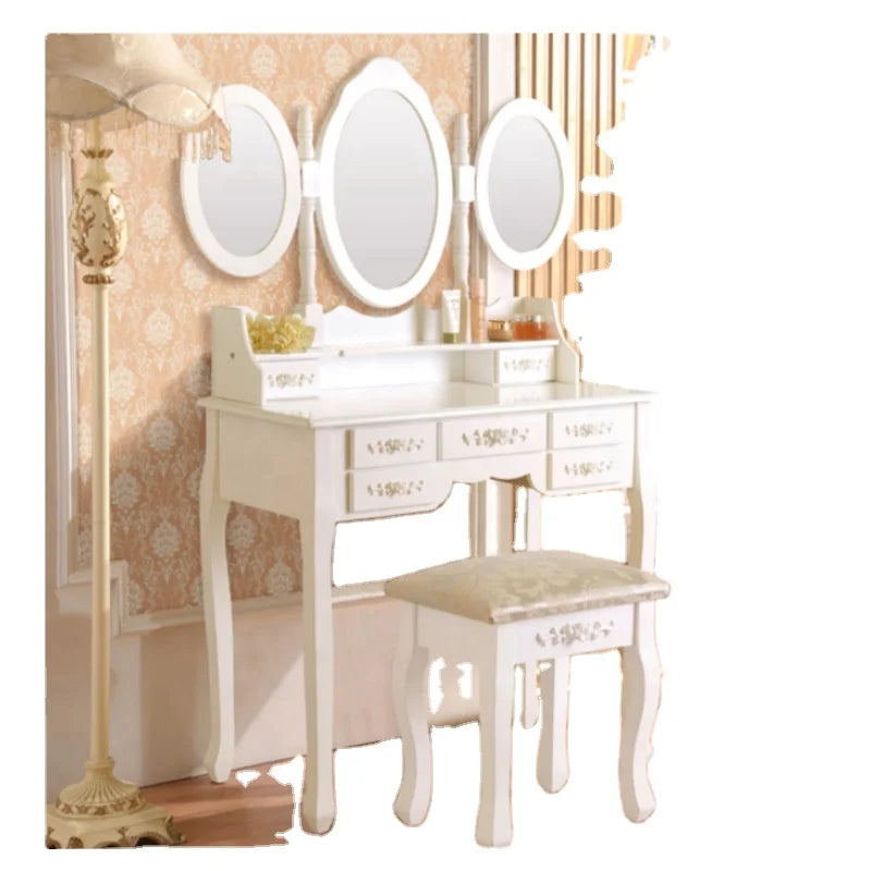 Customized Modern Wooden Mirror Dressing Table with 7 Drawers and Stool