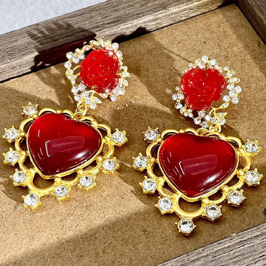Wholesale Fashion Jewelry Medieval Vintage Minority Unique Retro Style Design Flower Earrings Jelly Glazed Hollow Heart Earrings