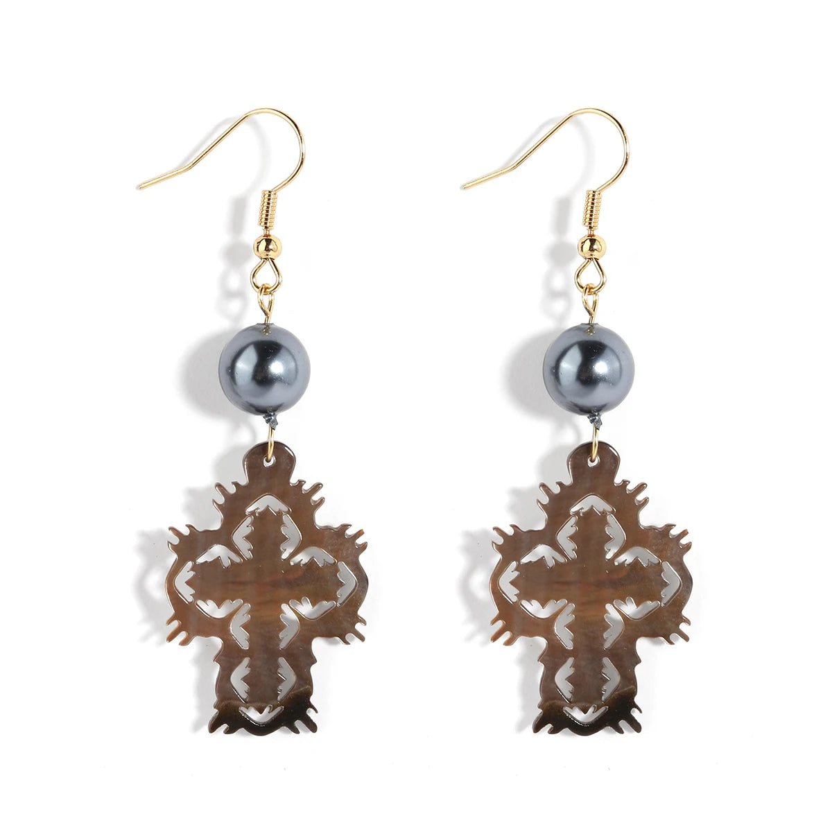 2026 Hot Sale Natural Shell Pearl Earrings Women Fashion New Design Gold Plated Cross Pendant Earrings Wholesale