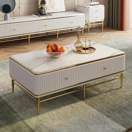 2025 New Designs Luxury Tv Unit White Cabinets Modern Gold Metal Tv Stand and Coffee Table with Drawer for Living Room Furniture