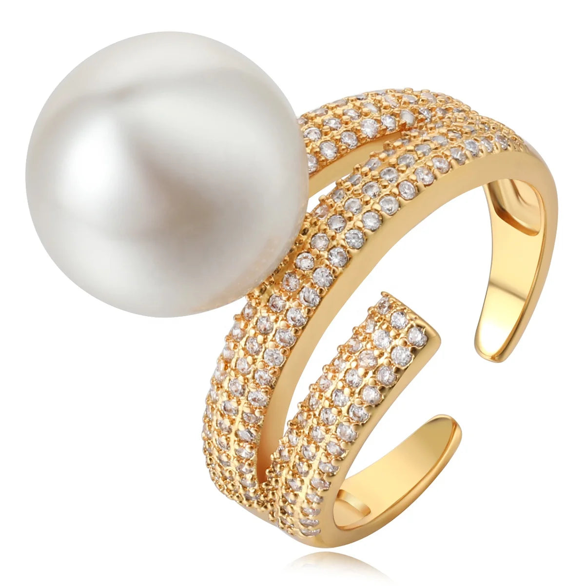 2024 Premium Set Zircon Open High Shine Pearl Adjustable Ring Women Party Jewelry Customized