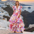 Fashionable Sweet Bohemian Style Color 2024 Summer New V-neck Heavy Printing Multi-layer Floor-Length Dress Women