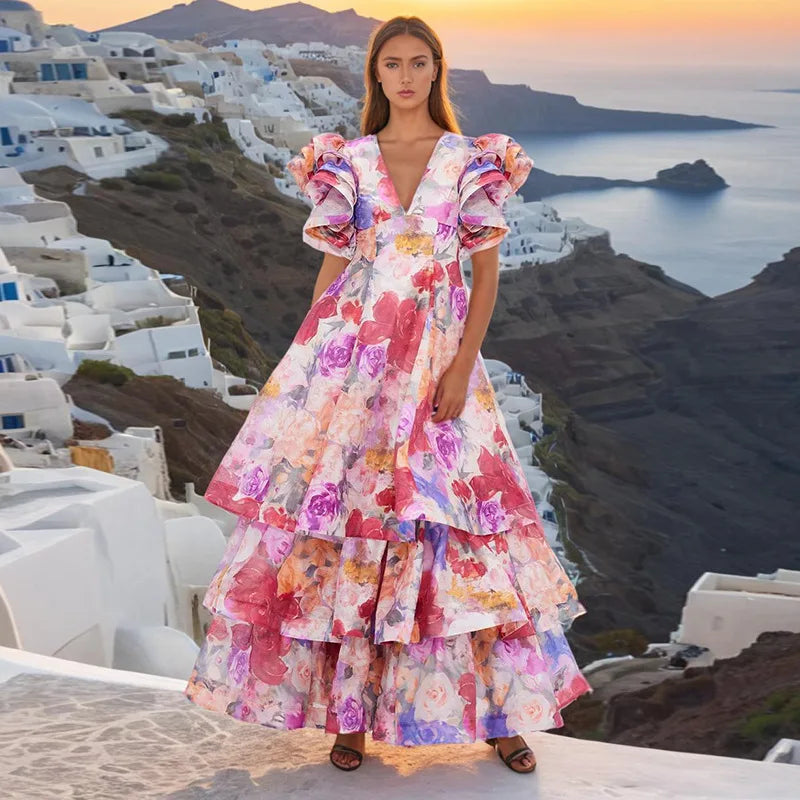 Fashionable Sweet Bohemian Style Color 2024 Summer New V-neck Heavy Printing Multi-layer Floor-Length Dress Women