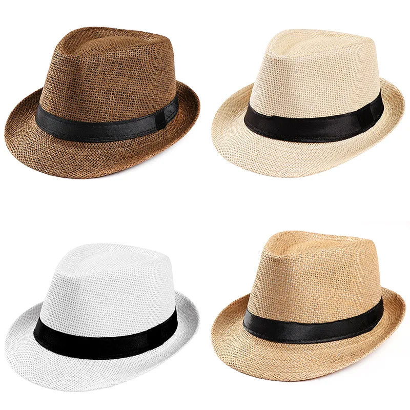 New Design Summer Outdoor Cloth Ribbon Linen Material Sun Straw Top Hat for Middle-Aged Men