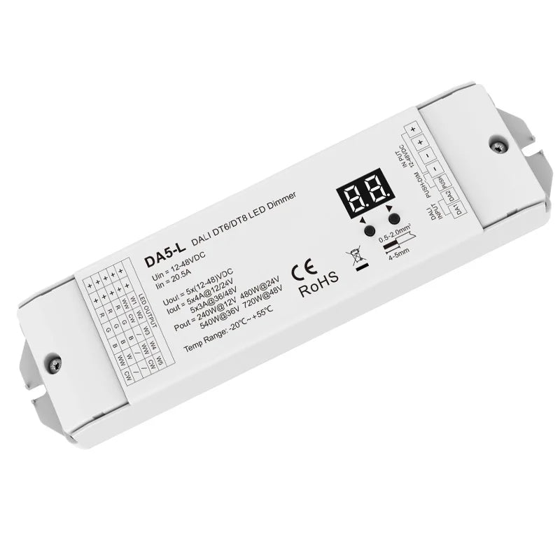 DALI DT6/DT8 LED Dimmer DA5-L 12-48V 5 Channel Constant Voltage Led Controller for Single/Dual White/RGB/RGBW/RGBCCT Strip Light