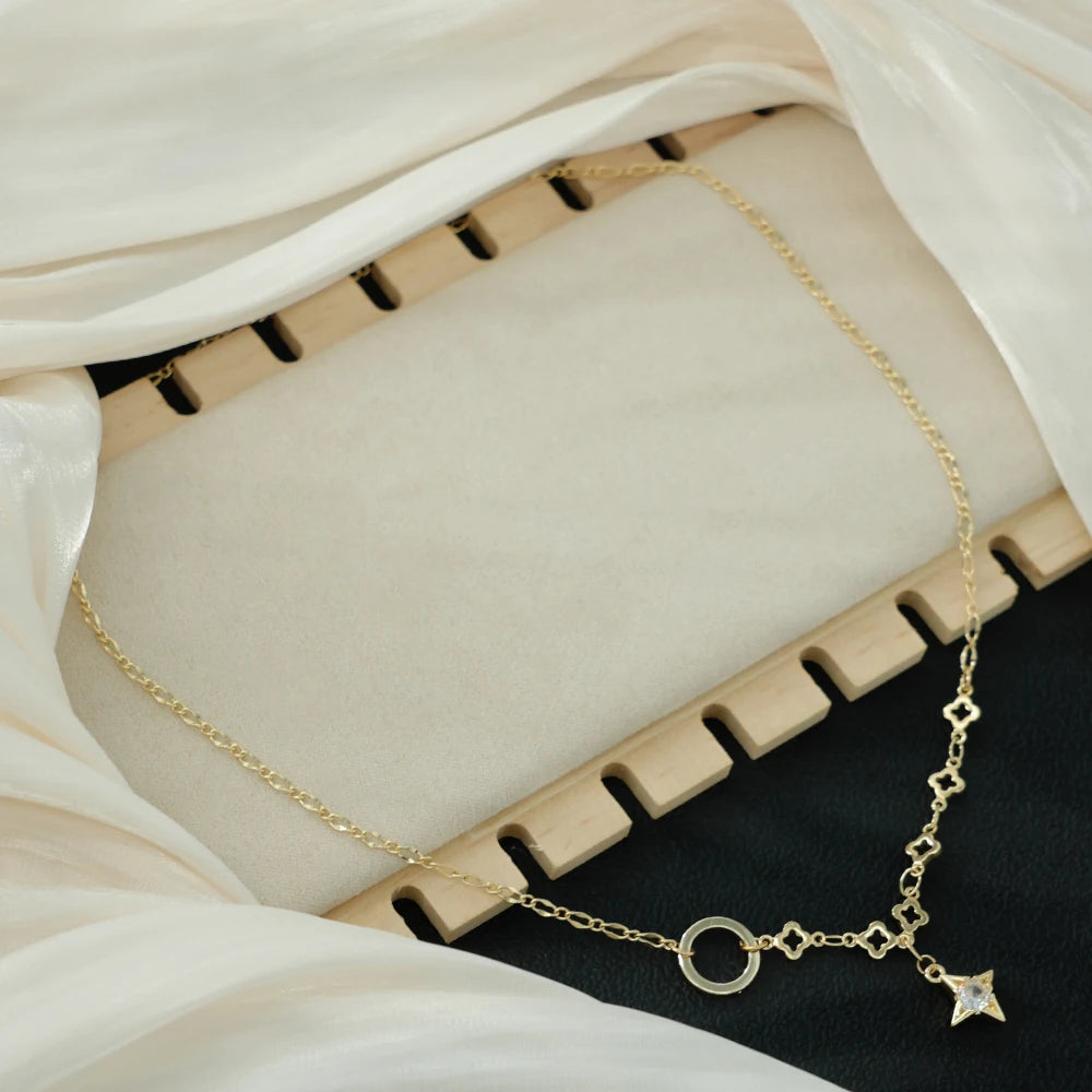 MIXI Fine Chains Jewelry Thicker Real 14K Gold Plated Copper Zircon Set Star Round  Figaro Clover Chain Necklace for Girls Women