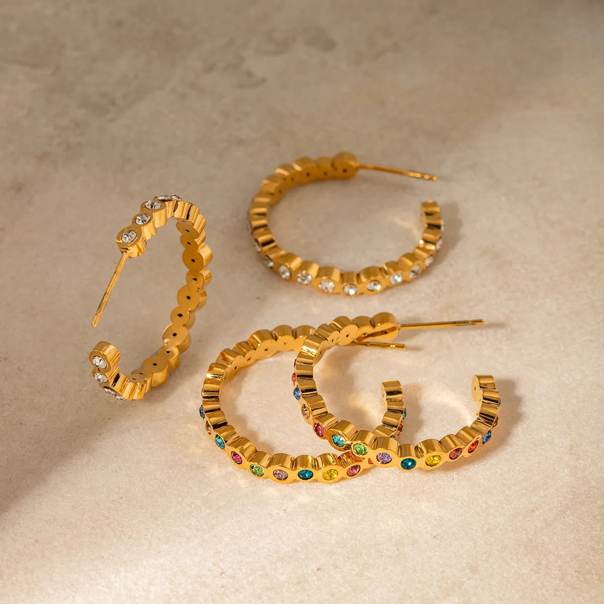 Summer's New Fashion Women's Cute C-Shaped Earrings Colored Rhinestone Stainless Steel