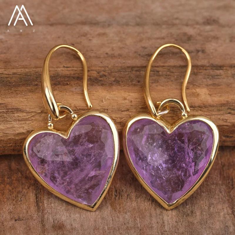 Crystal Heart Earrings Gold Jewelry  Labradorite Amazonite Amethyst Natural Stone Fashion Gifts