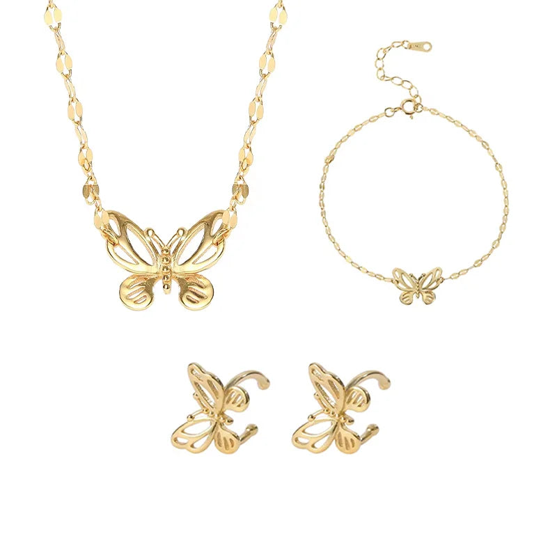 Girls 925 Sterling Silver Animal 18k Gold Hollow butterfly Fashion Earrings Bracelet Pendant Necklace Fine Jewelry Set