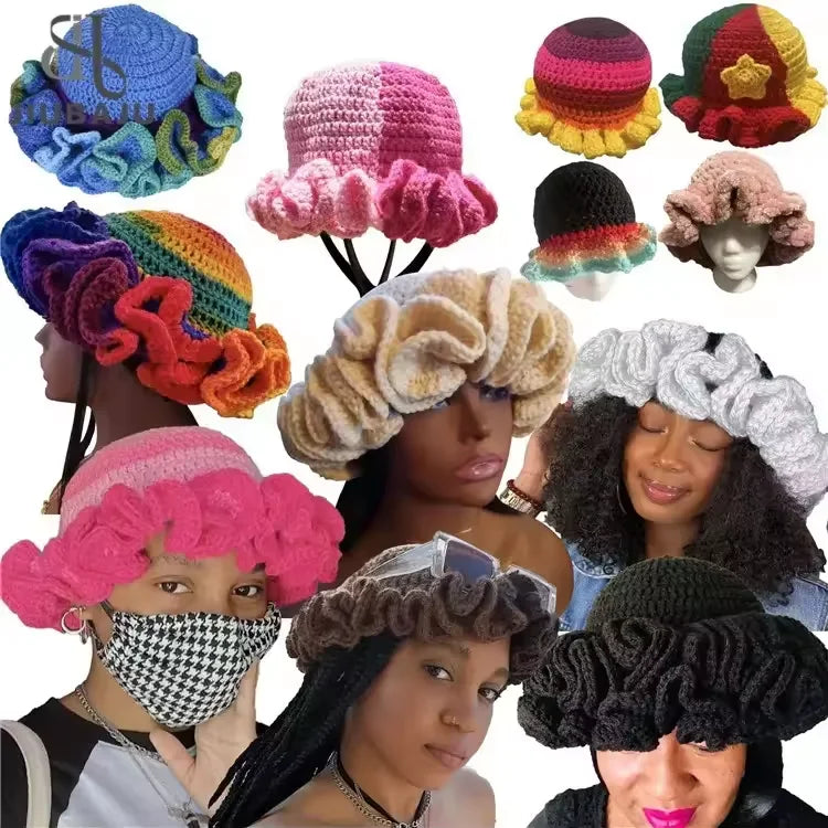 Fashion Handmade Crochet Bucket Hat for Women Ruffle Crochet Knitted Hat Beanie Hat