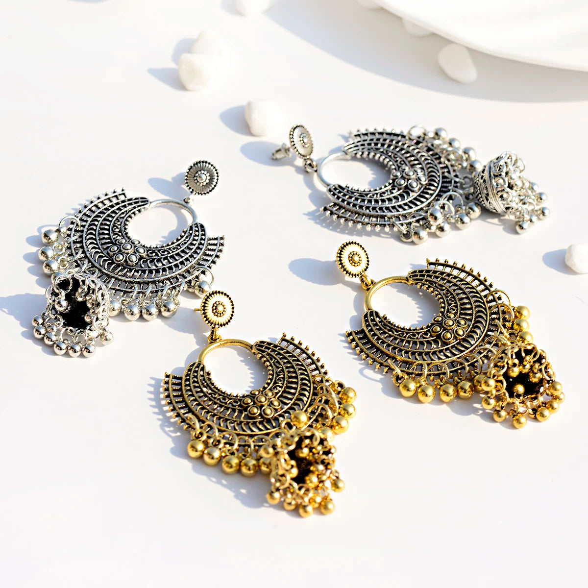 New 2021 Ethnic Women's Big Round Silver Drop Earrings Jhumka Indian Earrings Vintage Flower Lantern Tassel Tibetan