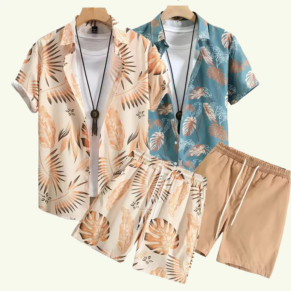 Men's Hawaiian/Casual Vacation Shirt Leaf Print Tropical Print Shirt with Drawstring Shorts