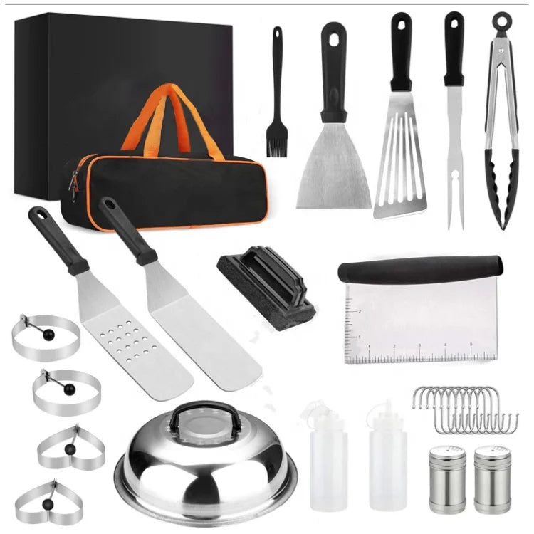 Hot Selling Cross-Border Stainless Steel Charcoal BBQ Tool Set Long Handle Non-Stick Tools Camping Teppanyaki Cooking Burger