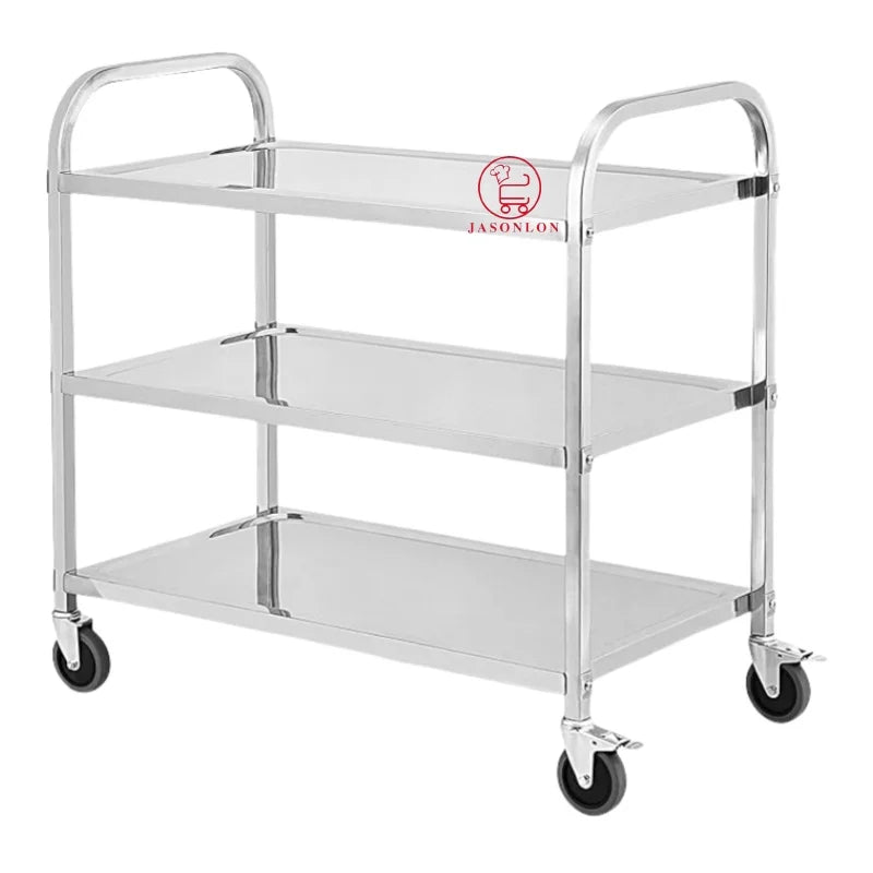 Jasonlon Catering Equipment 3-Tier 0.6mm Thick Stainless Steel Mover Trolley Food Service Cart Restaurant Hospital Use 80-150kg