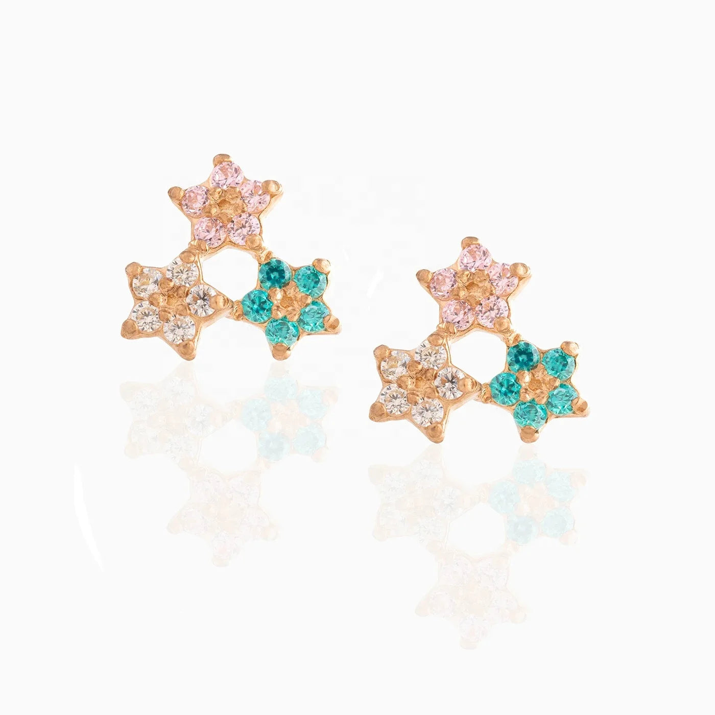 LOZRUNVE 925 Sterling Silver Gold Triple Three Rainbow Colorful Flower Stud Sweet Earring