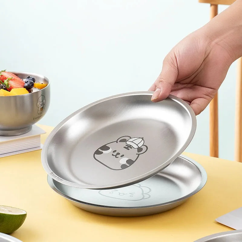 Household Cartoon Animal Stainless Steel Round Dinner Plate 304 Stainless Steel Children's Anti Fall Dinner Plate