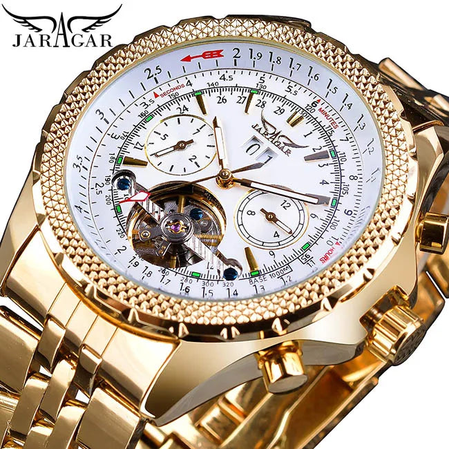 JARAGAR GMT1105 Men's Golden Automatic Self-Wind Watch Big Dial Calendar Function Relogio Masculino Mechanical Steel Strap Clock
