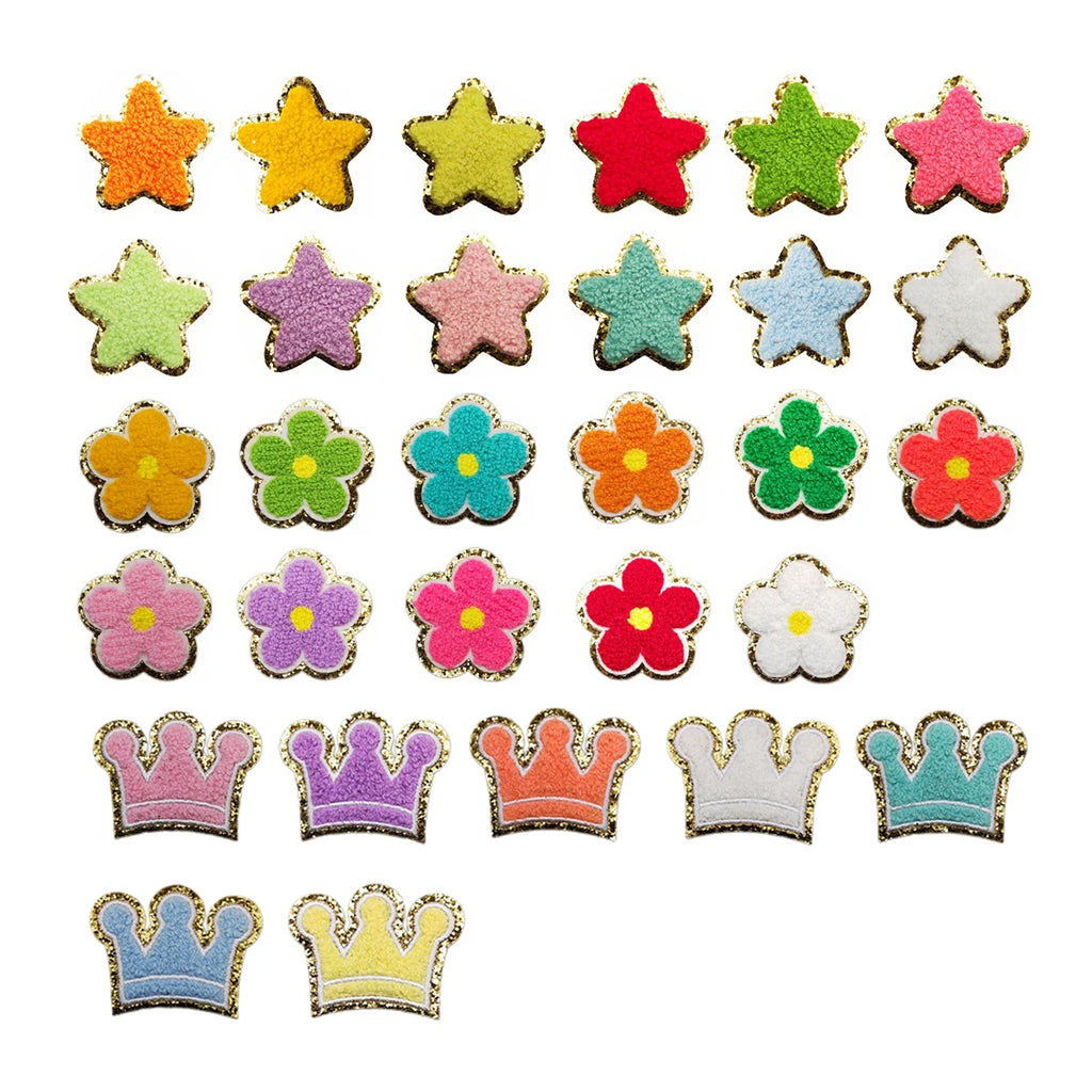 Colorful Flower Stars Crown Chenille Glitter Embroidery Self-adhesive Iron-on Patch